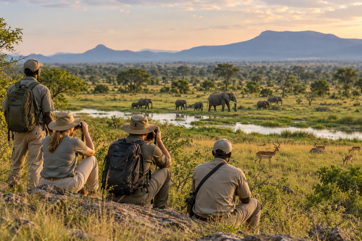Visitors and local guides observing elephants and antelope from a safe distance
