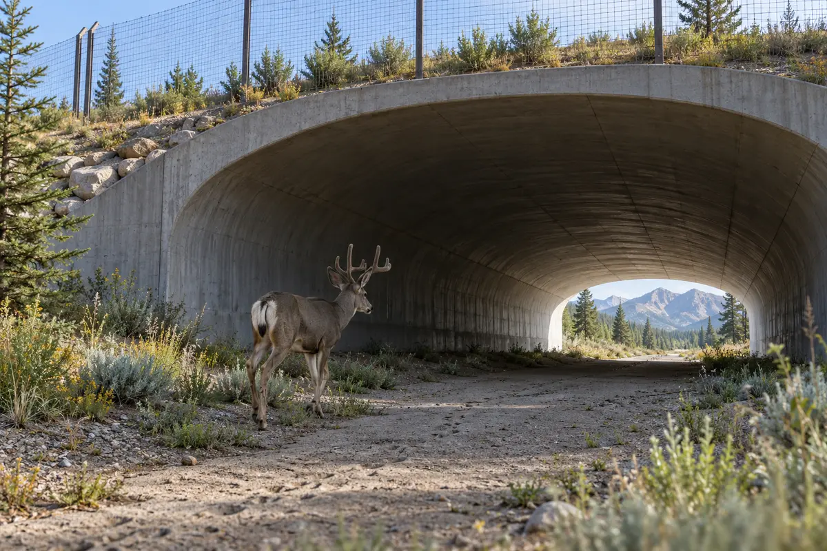 A mule deer walks through a wildlife underpass beneath a highway