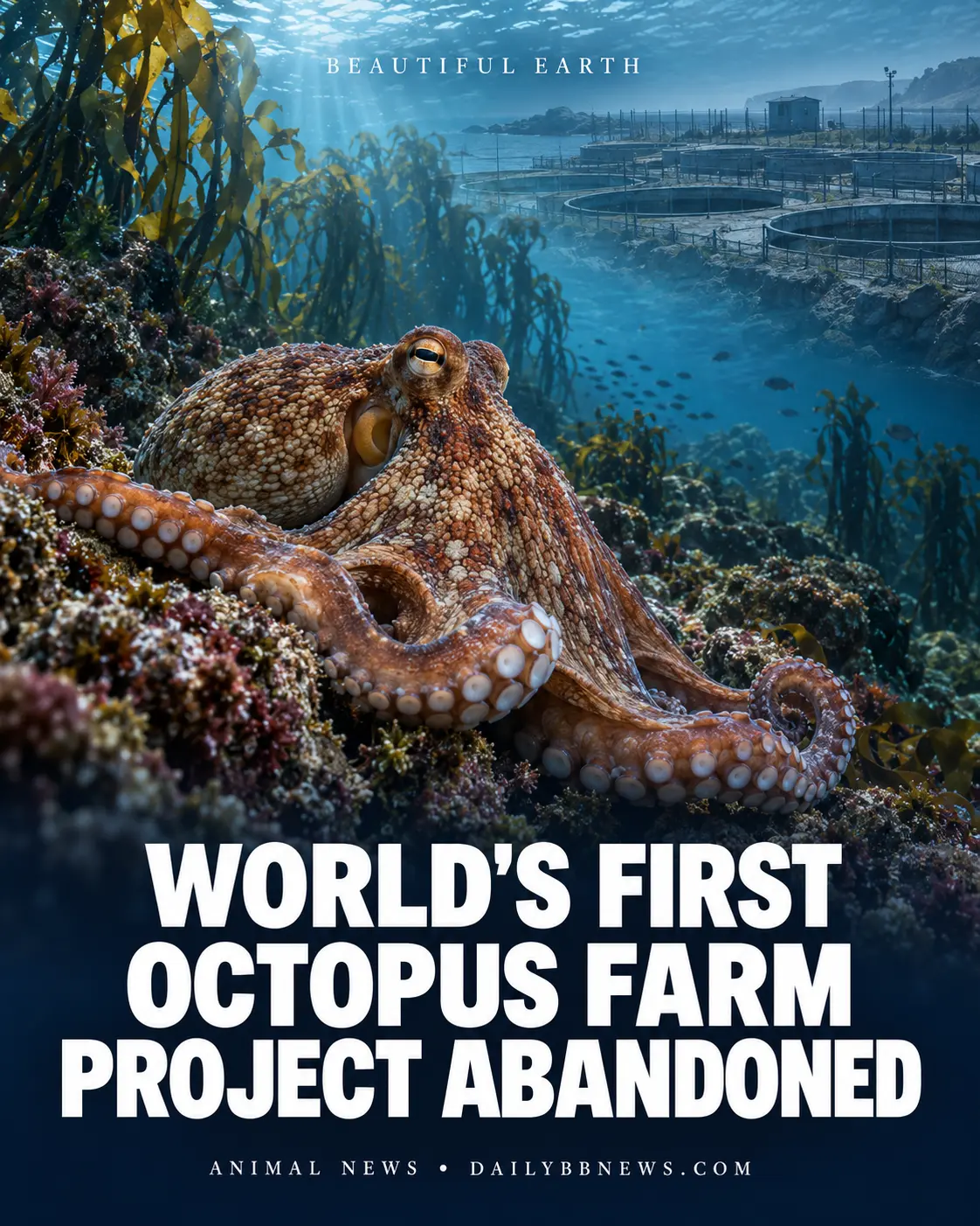 Octopus in a natural reef with an abandoned aquaculture facility and the headline World's First Octopus Farm Project Abandoned